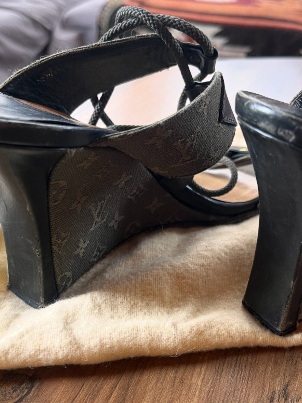 Louis Vuitton Monogram Lace Up Heeled Sandals Size 37 Brown Canvas Wedge Heels - Picture 7 of 8